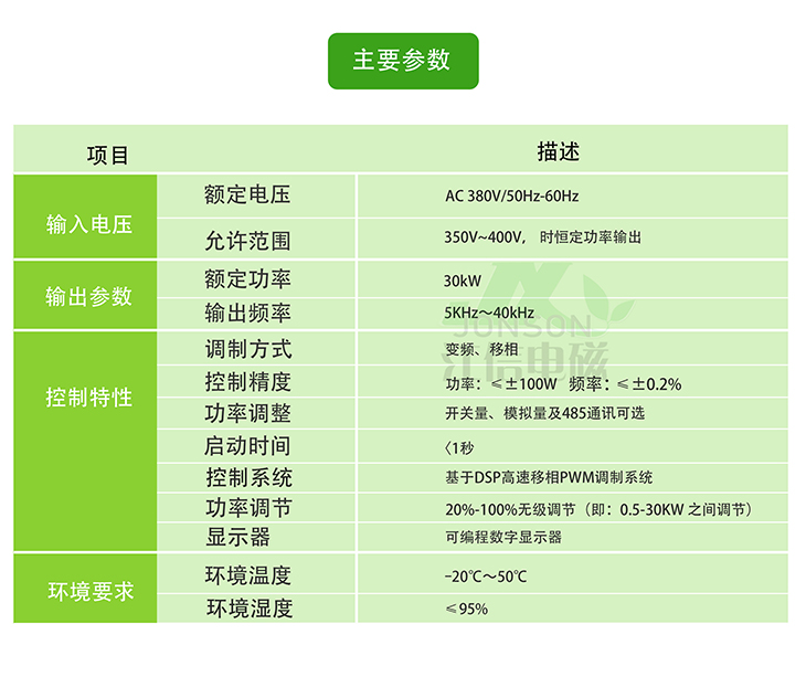 30KW电磁加热器主要参数